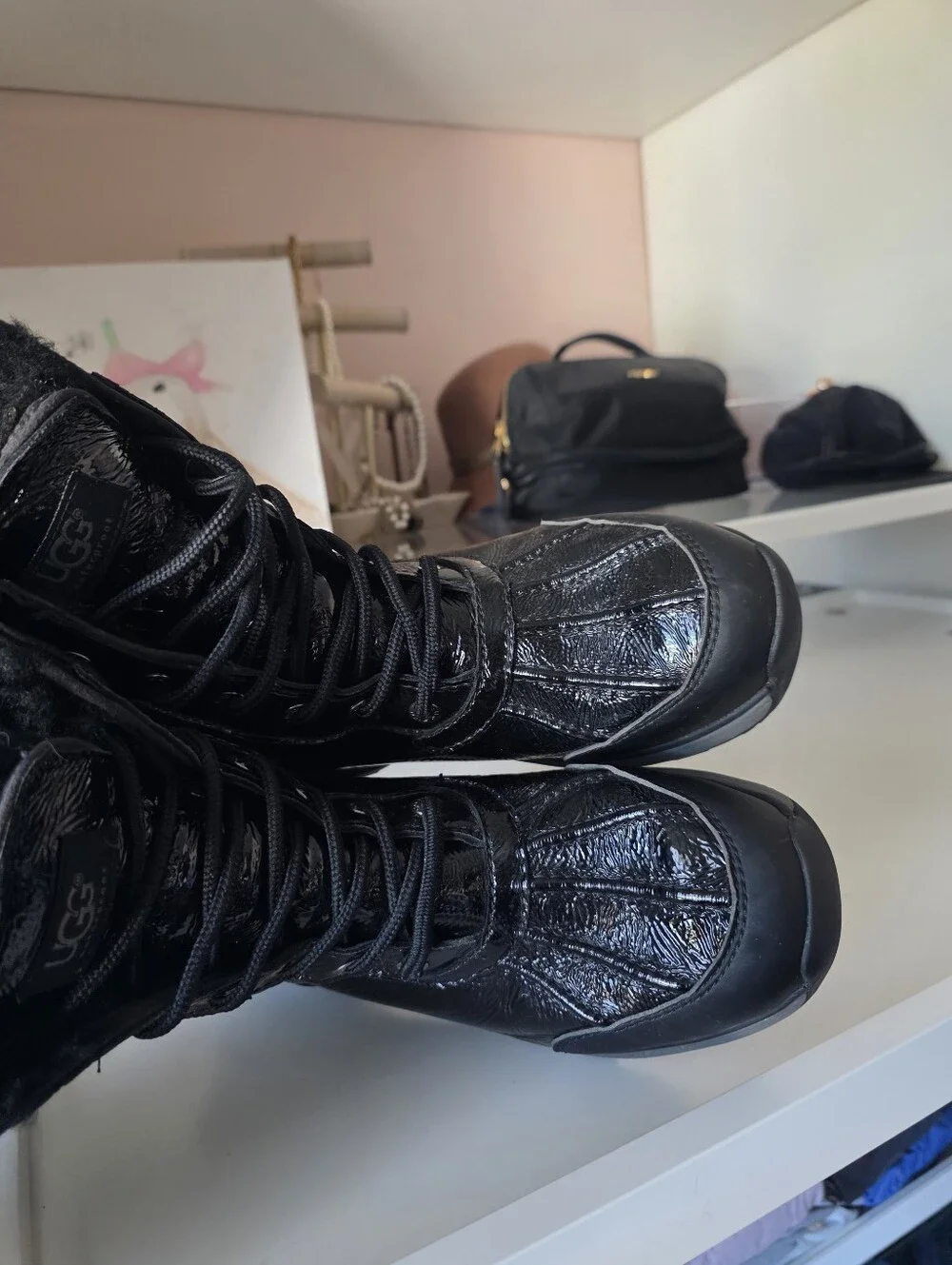 UGG Women's Black Lace-Up Faux Fur Winter Boots